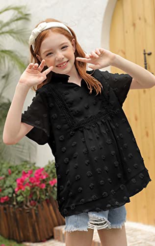 Girls Cute Dot Chiffon Blouses Short Sleeve V Neck Loose Shirts Soft Casual Summer Tops 4-5T S-Black #TOP3