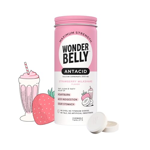 Wonderbelly Antacid Effective Heartburn and Instant Acid Indigestion Relief Extra Strength Chewable Tablets 1000 mg Calcium Carbonate No Talc or Dye Strawberry Milkshake 50 count