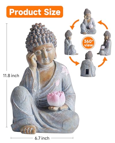 Thumok Buddha Statue Outdoor with Lotus Flower Light, IP65 Waterproof Solar Statue Lights, Outdoor Statues for Garden, Zen Decor for Garden, Home, Patio, Lawn