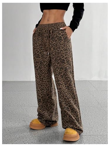Floerns Women's Y2k Leopard Print Pants Drawstring Waist Wide Leg Loose Trousers2