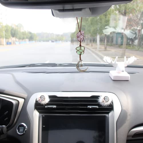Weryerker Handmade Hanging Ornaments Car Rear View Mirrors Decor Car Charm Home Decoration Natural Gemstone Moon And Star (Amethyst+ Green Fluorite) #TOP4