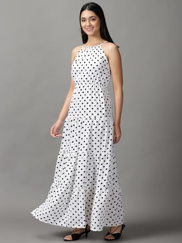 Image of SHOWOFFFF Women Printed Fit and Flare Casual Dress | Halter Neck Sleeveless Cotton Dress for Womens | Maxi Dress for Women's