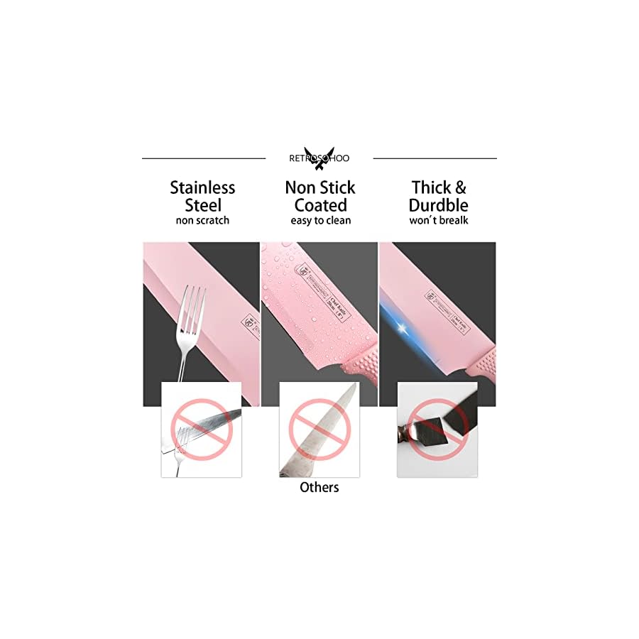 Kitchen Knife Set, Retrosohoo Pink Flower 6PC Stainless Steel Sharp Chef Cooking Non-slip Knife Set with Acrylic Stand & Block, Non-stick Colorful Coating Gift for Women Girls (Pink)