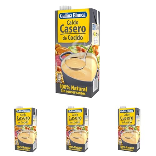 GALLINA BLANCA Caldo Casero de Cocido 100% Natural | Elaborado con Pollo, Ternera, Cerdo, Garbanzos y Verduras de la Huerta, Cocinado a Fuego Lento. Sin Gluten, Sin Conservantes - 1L (Paquete de 4)