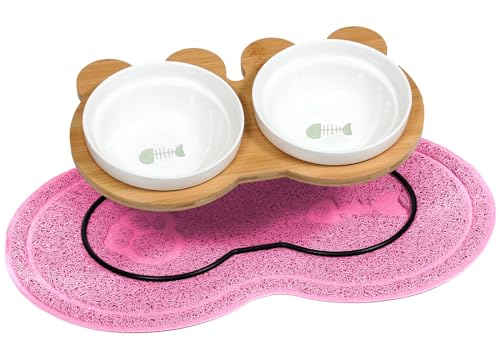 PetStyle えさ皿 ランチョンマット ∞型 セット 猫 犬 食器 えさ 皿 餌入れ フードボウル ペット ご飯皿 水飲み マット 食べやすい 滑り止め 陶器 アイアンバンブースタンドダブル (ダブル/お魚柄) (パステルピンク)