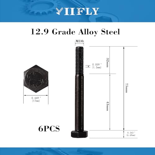 Image of M10x1.5 x 75mm Hex Head Screws Bolts, 12.9 Grade Alloy Steel, Hexagon Head Bolts, Black Oxide Finish, Half Thread, Quantity 6
