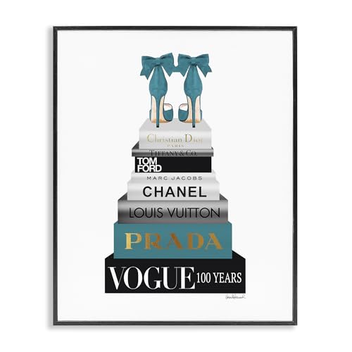 Image of Stupell Industries 'Turquoise Heels on Bookstack', Framed Giclee Art, Black, 16 x 20 Inches, Easy to Hang and Sturdy, Made in USA, by Amanda Greenwood