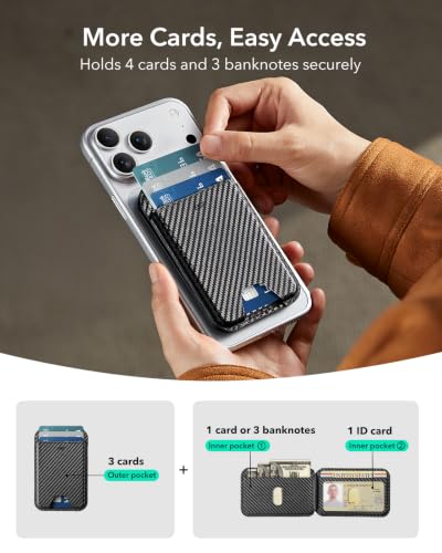 Image of ESR for MagSafe Wallet Stand, RFID Blocking, MagSafe Ring Included, 5 Card Holder for Phone, Magnetic Wallet for iPhone 17e /17 /16 /15 /14 /13 /12 Series (Not for Mini), Selected Samsung,Black Carbon Fiber
