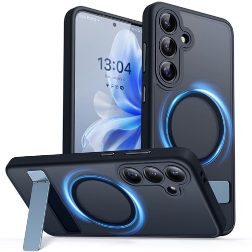 Image of CANSHN Strong Magnetic & Seamless Stand Designed for Samsung Galaxy S24 FE Case [Full Camera Protection] [Adjustable Kickstand] [Compatible with MagSafe] Translucent Matte Phone Cover - Black