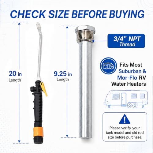 Image of 5 Pcs Upgrade RV Water Heater Anode Rod, Flush Wand Maintenance Kit | 9.25 inchL x 3 /4 inch NPT, 2 x Stainless Steel Hex Head Premium AZ31B Magnesium Anode Rods, Socket Tool & PTFE Tape, for Suburban