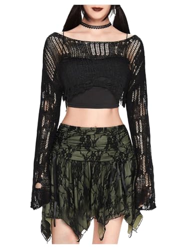 Verdusa Women's Crochet Crop Top Lightweight Sweaters Shrugs Flare Long Sleeve Pullover Knit Tops Goth Clothes