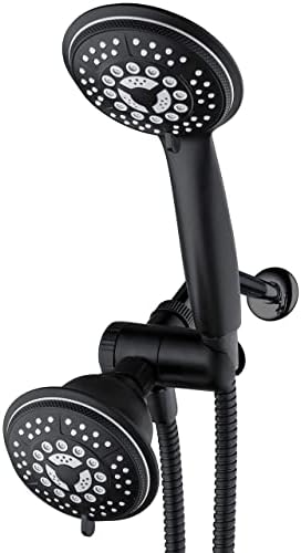 Hydroluxe 1763 Handheld Showerhead & Rain Shower Combo. High Pressure 24 Function 4" Face Dual 2 in 1 Shower Head System with Stainless Steel Hose, Patented 3-way Water Diverter in Matte Black