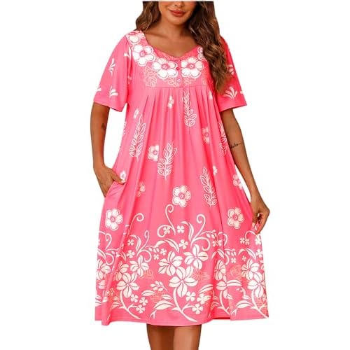 Marvmys Women House Dress with Pocket Mumu Nightgowns Short Sleeve Moomoo Dresses Sleepwears Medium Pink-flower
