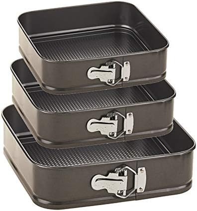 Ariana Homeware® Set of 3 Non-Stick Square Cake Tins Springform with Removable Bottoms and Metal Handles Loose Base Leakproof Baking Pan Tray Perfect for Cakes and Cheesecake  Sizes 24/26/28 cm