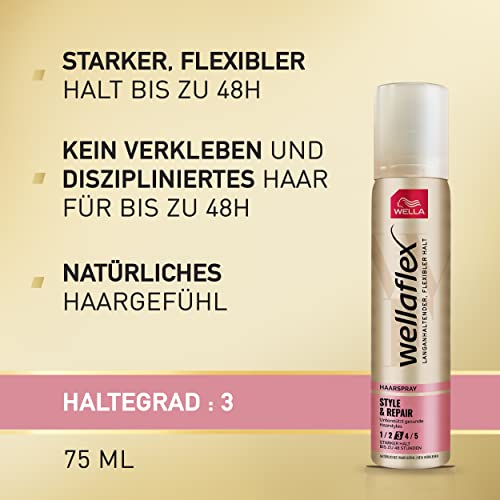 Foto von Wellaflex Haarspray Style & Repair Starker Halt – Styling Spray mit Jojobaöl für 48h flexiblen Halt ohne Verkleben – mit UV-Schutz und pflegender Formel – 75 ml