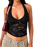 MakeMeChic Women's Lace Halter Top Backless Sexy Cut Festival Rave Going Out Tops Black Small