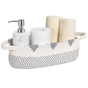 Luxspire Toilet Paper Basket, Boho Bathroom Basket Handmade Cotton Rope Woven Basket Toilet Paper Storage Bins Small Basket with Handle for Bedroom Nursery Bathroom, 13.4″ x 6″, White + Gray