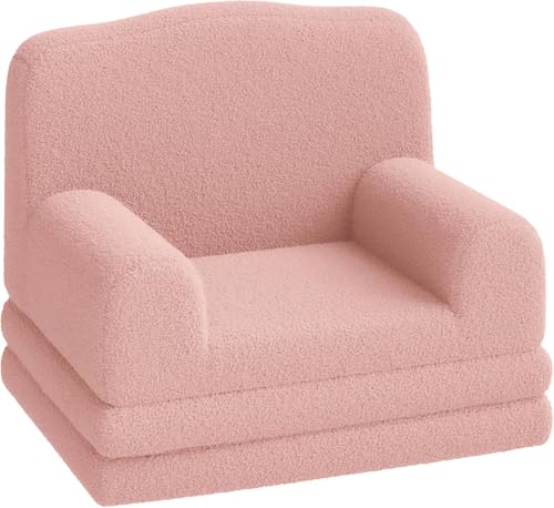 Fauteuil Enfant Convertible 1 Place,2 en 1 Canapé lit Convertible en Mousse Haute densité,Dossier Haut,Antidérapant,Chauffeuse Enfant lit Convertible pour Chambre,Salon(132x58x5cm,Rose)