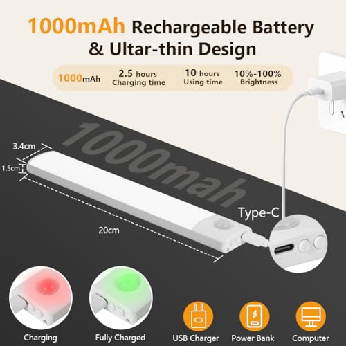 Vicloon Under Cupboard Kitchen Lights LED,3 Color Dimmable Cabinet Light Motion Sensor Indoor Rechargeable Strip Wardrobe Lighting,Magnetic Strip Light,Motion Sensor Cupboard Lights for Stairs,Kitchen - Image 2