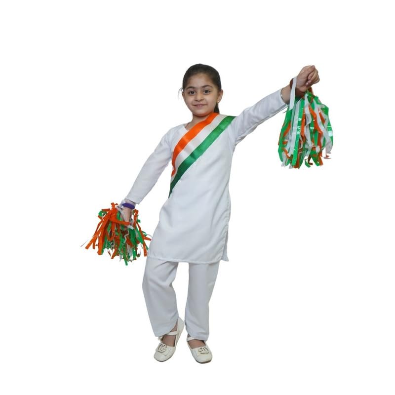 Image of Kaku Fancy Dresses Indian Wear Salwar Kameez Costume for Independence Day /Republic Day | Tri Color Dupatta Stole Pompom Set for Girls