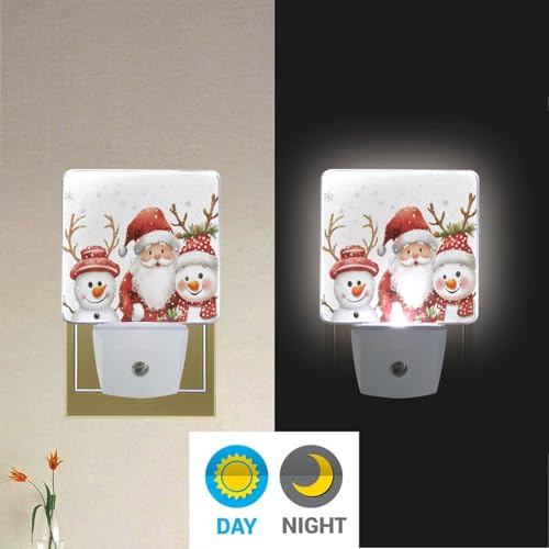 Image of Cute Christmas Snowman Santa Night Lights 2 Pack Plug-in Wall Led Nightlight Auto Dusk-to-Dawn Sensor Lamps for Bedroom Kitchen Bathroom