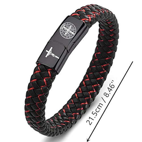 St. Benedict Cross Exorcism Bracelet Stainless Steel Crucifix Cuff Roman Catholic Leather Wristband Bangle Protection Amulet Jewelry Gift for Him, 8.46''2