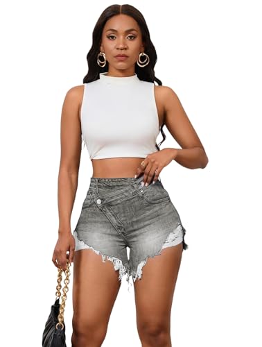 Image of PINSV Women's High Waisted Crossover Jean Shorts Ripped Hem Raw Denim Shorts