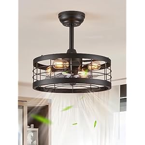 LEDIARY 16.5 inch Black Caged Ceiling Fan With Light, Fandelier Industrial Ceiling Fan With Remote, Farmhouse Fan Lights Ceiling Fixtures For Kitchen, Bedroom, Outdoor（6 Speed, Timing）-Black
