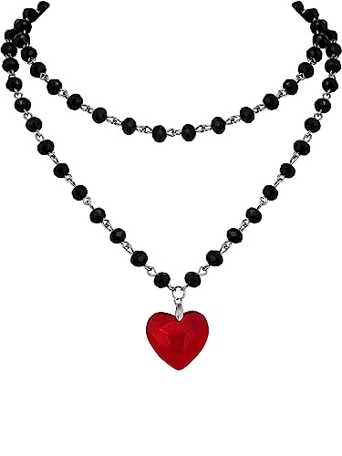 Sacina Goth Y2k Red Heart Necklace, Layered Black Beaded Heart Choker, Gothic Emo Grunge Y2k Necklace, Valentine Gift, Halloween Christmas Jewelry Gift For Women