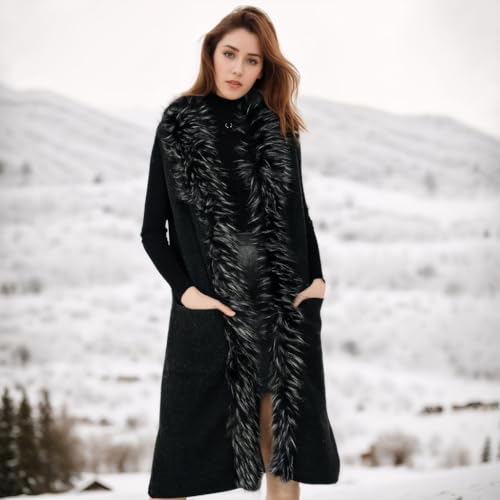 Womens Long Waistcoat Fuax Fur Trim Winter Vest Sleeveless Cardigan2