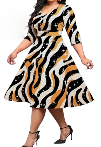 Image of Womens Plus Size Dresses Faux Wrap Summer Dress 3 /4 Sleeves V Neck 1950s Retro Vintage Wedding Party Midi Dress