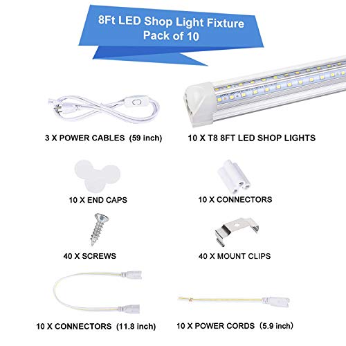 8Ft Led Shop Light Fixture, 10 Pack T8 Integrated Led Tube Lights, 72W 9500Lm 6500K High Output Clear Cover, V Shape 270 Degree Led Lighting For Garage Warehouse, Upgraded Shop Lights Plug And Play #TOP1