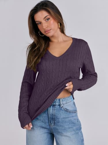 Image of ANRABESS Women's Cable Knit V Neck Fitted Sweaters