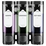 Huotdy Suntys Shampoo and Conditioner Dispenser 3 Chamber No Drill – 300ml Each Container, Wall-Mounted Shower Soap Body Wash Dispenser for Bathroom, Toilet, Hotel & Kitchen (Black)