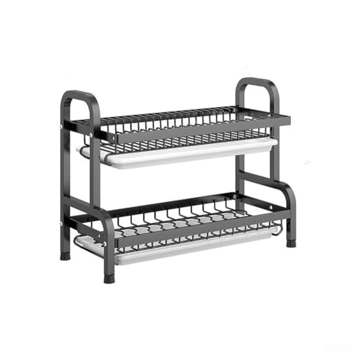 Gdfnmogo Égouttoir à vaisselle en métal à 2 niveaux pour cuisine avec porte-couverts et planche à découper, organiseur multifonction en acier inoxydable