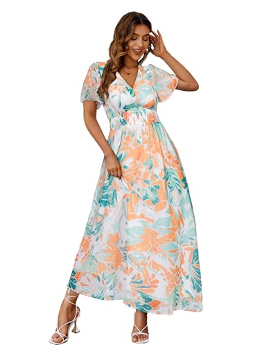 Image of Simplee Women's Boho Floral Maxi Dress Flowy Casual V Neck Short Sleeve Wedding Guest Holiday Beach Long Dress