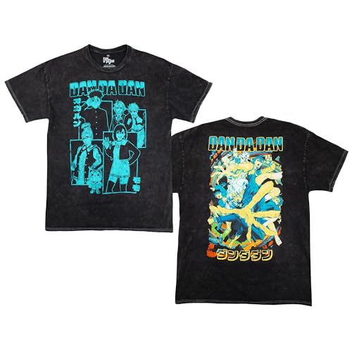 Ripple Junction DanDaDan Character Blocks and Spiral Japanese Animation Mens Graphic T-Shirt Mineral Wash Black Large