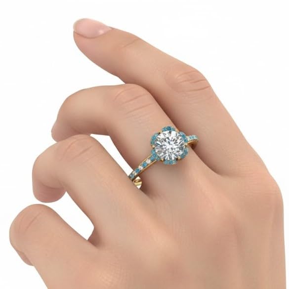 Image of 55Carat Choose Your Gemstone 6 Petal Ring Yellow Gold Plated Round Shape Halo Engagement Rings Well Shaped for Any Gift Giving Occassion Modern Style Enchating Women US Size 4 to 12