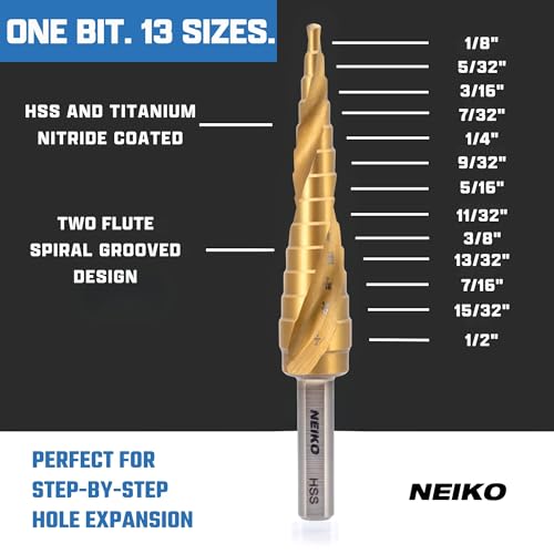 Image of NEIKO 10600A Step Drill Bit, 13 Steps 1 /8 inch to 1 /2 inch Spiral High Speed Steel, Titanium Nitride Coated, 1 /4 inch Tri Flat Step Bits for Steel, Metal, Wood, Plastic, Unibit Cone Drill Bits, Two Flute