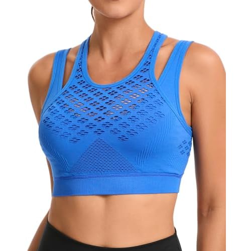 RUNNING GIRL Sports Bras for Women High Support,Seamless Ribbed Longline High Neck Sports Bra Racerback Padded Crop Top Yoga Small A-bright Blue