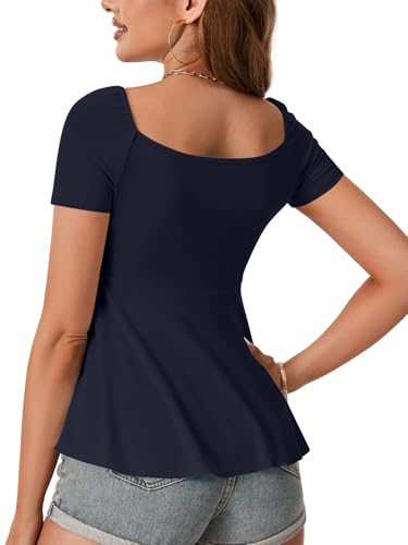 Image of Rooscier Women's Ribbed Knit Sweetheart Neck Tops Cute Drawstring Ruffle Short Sleeve T Shirts