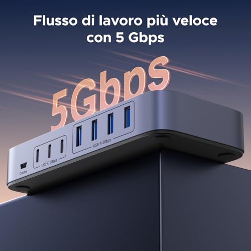 Switch USB 5Gbps KVM Commutatore 2 PC Ingressi Condividono 7 Uscite Periferiche USB per Tastiera Mouse Disco Rigido Stampante Scanner Microfono con 2 Adattatori USB C e Alimentatore DC 12V 2A - Hub USB - Immagine 3