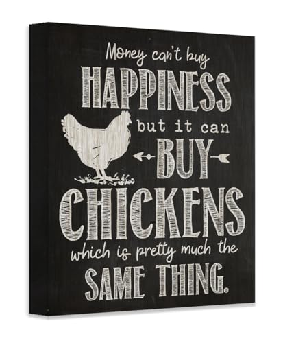 Money Can’t Buy Happiness But It Can Buy Chickens – 16x20 Stretched Canvas, Funny Chicken Poster, Farmhouse Wall Art, Rustic Decor, Chalkboard Style Print