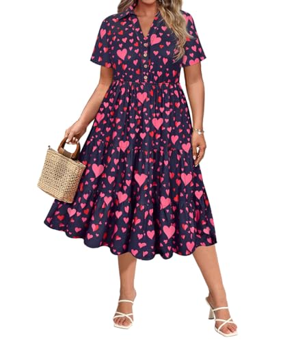 CARCOS Plus Size Dresses for Curvy Women Red Heart Short Sleeve Dress Collared Vneck Midi Ruffle Dress with Pocket Button Up Navy Summer Dresses Wedding Guest 2XL 18W 20W