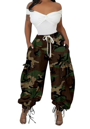 Women's Barrel Jeans Boyfriend High Waisted Baggy Camo Jeans Bow Tie Cargo Sweatpants with Drawstring Streetwear
