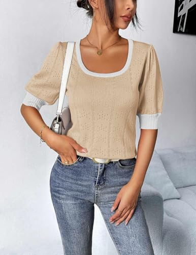 Image of HOTOUCH Sweater for Women 2026 Fall Trendy Puff Tops Casual Eyelet Knit Square Neck Tunic Shirt Blouses Beige White Colorblock L