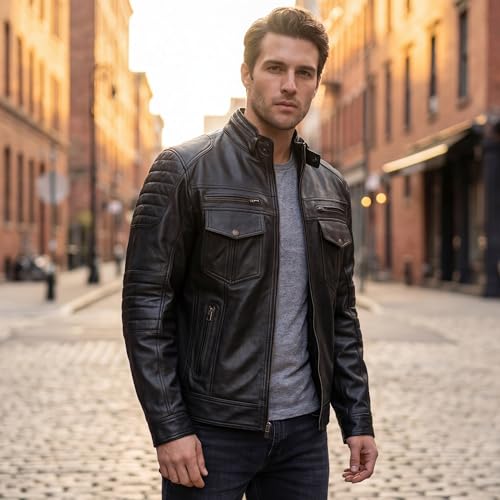Image of Men Cafe Racer Motorcycle Style Solid Leather Jacket Slim Fit Motorcycle Brown Cafe Racer Leather Jacket
