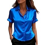 Blusas de Mujer Elegantes Fiesta Raso Blusa Elegante de Satén Talla Grande Top Manga Corta Versátiles Básico Camiseta Color Sólido Oficina Tops Cuello Abierto Moda Camisa Suelto Seda Casual Boda