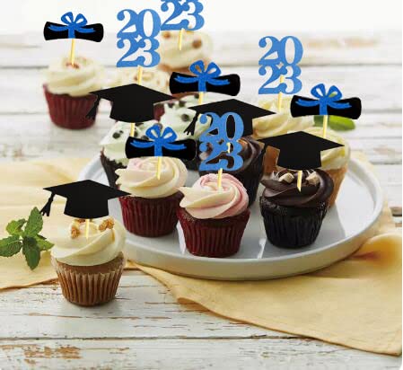 Yubobo 2023 Graduation Cupcake Toppers, 48 Pcs Food/Appetizer Picks For Graduation Party Mini Cake Decorations, Diploma, 2023, Grad Cap Set 48 Pieces (Blue 2) #TOP3