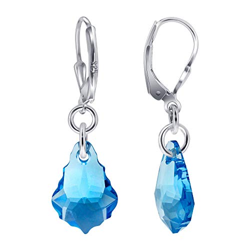 Blue Baroque Shape Austrian Crystals Handmade Sterling Silver Leverback Drop Earrings #TOP1